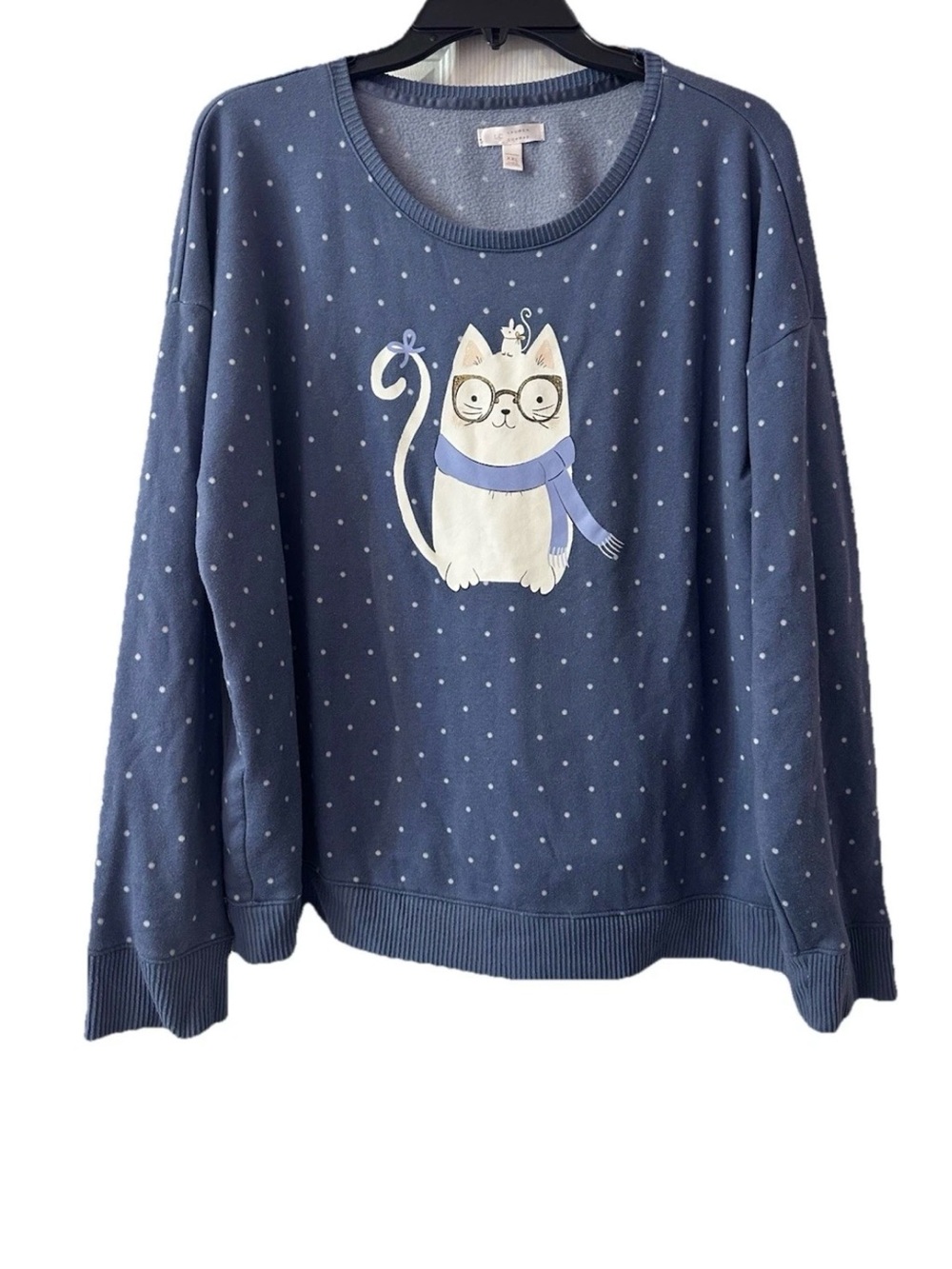 LC Lauren Conrad Intimates XXL Blue Cat Polka Dot Cozy Sweatshirt Pullover